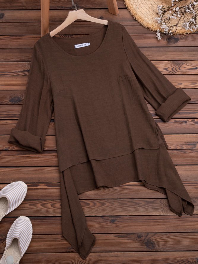 Plain Asymmetrical Hem Casual Loose Three Quarter Sleeve Crew Neck Linen Tunic