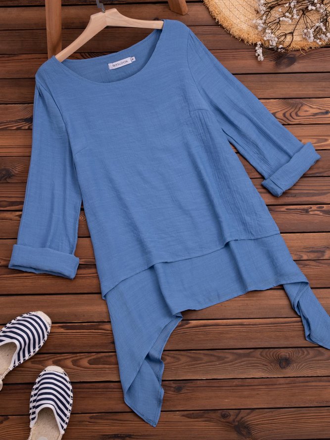 Plain Asymmetrical Hem Casual Loose Three Quarter Sleeve Crew Neck Linen Tunic
