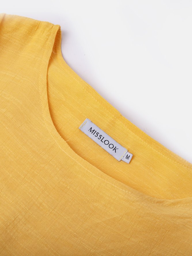 Plain Asymmetrical Hem Casual Loose Three Quarter Sleeve Crew Neck Linen Tunic