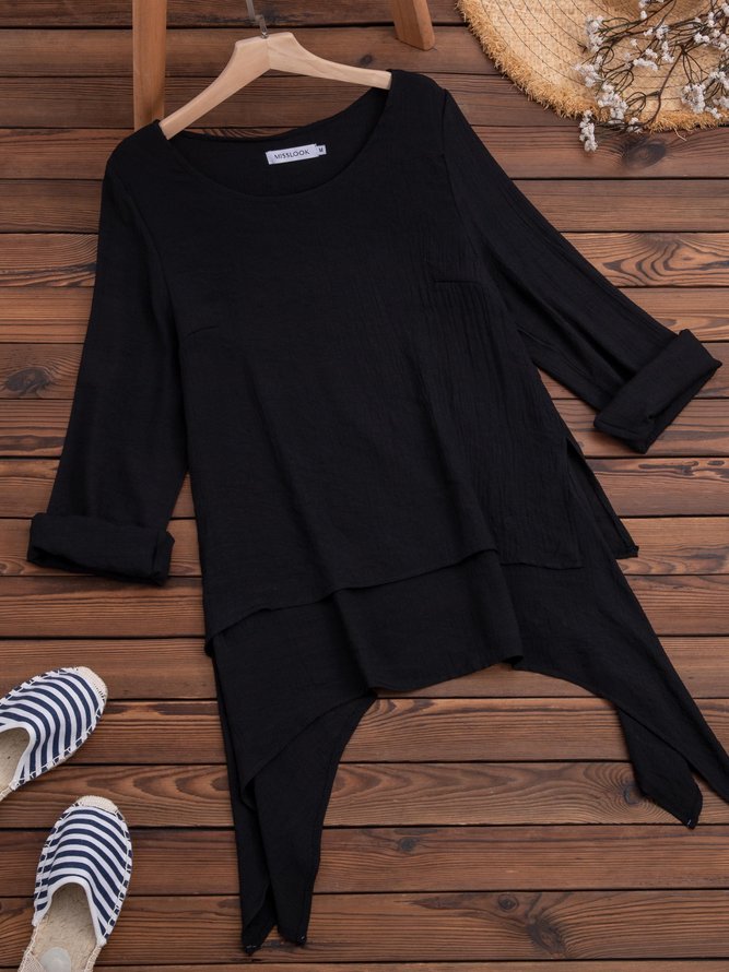 Plain Asymmetrical Hem Casual Loose Three Quarter Sleeve Crew Neck Linen Tunic