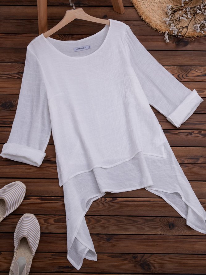 Plain Asymmetrical Hem Casual Loose Three Quarter Sleeve Crew Neck Linen Tunic