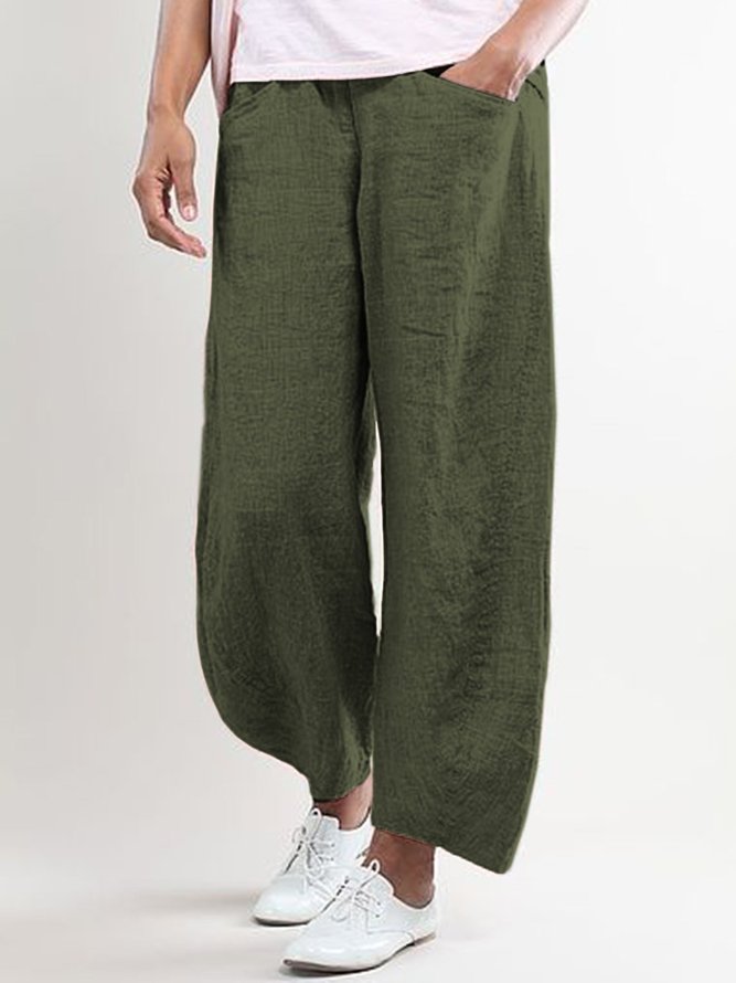 Women Elastic Waist Pockets Cotton Solid Basic Loose Pants