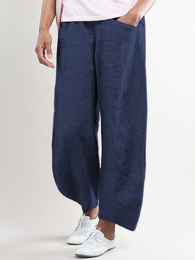 Women Elastic Waist Pockets Cotton Solid Basic Loose Pants