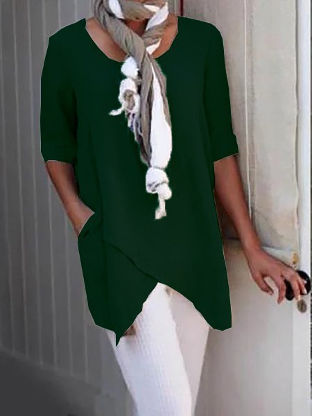 Women Solid Asymmetrical Hem Pockets Half Sleeve Casual Plus Size Cotton Linen Tunic Top