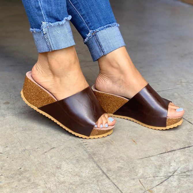 Women Fashion Style Peep Toe Slip-On Wedges Sandals