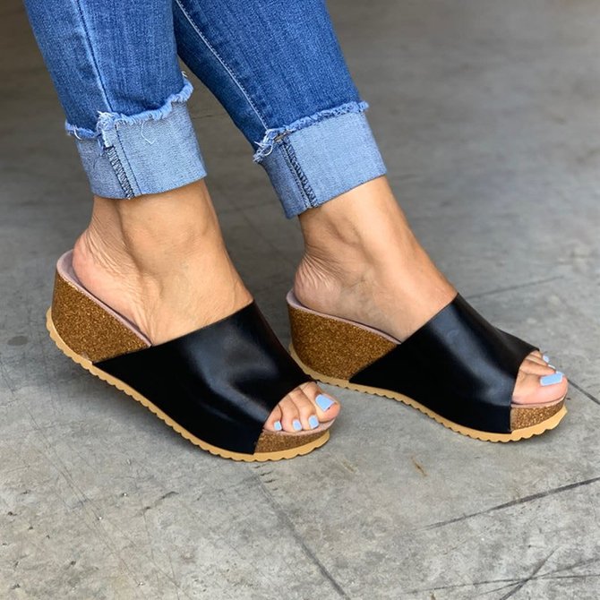 Women Fashion Style Peep Toe Slip-On Wedges Sandals