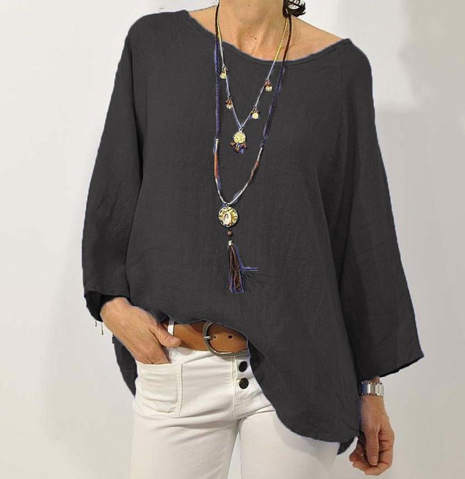 Women Plain Loose Casual Crew Neck Long sleeve Cotton and Linen Tunic Top