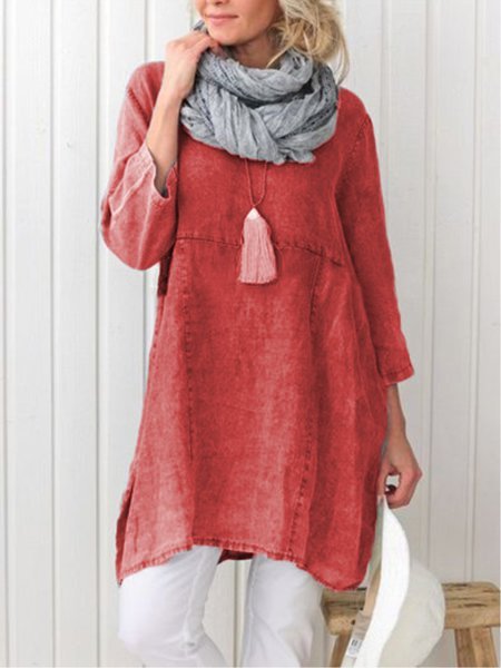 Women Pockets Plain Casual Three Quarter Sleeve Cotton and Linen Tunic Top