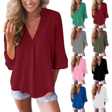 Women Casual Flowy 3/4 Sleeve V Neck Solid Lightweight Blouse