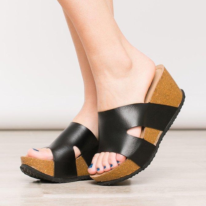 Women Fashion Style Peep Toe Slip-On Wedges Sandals