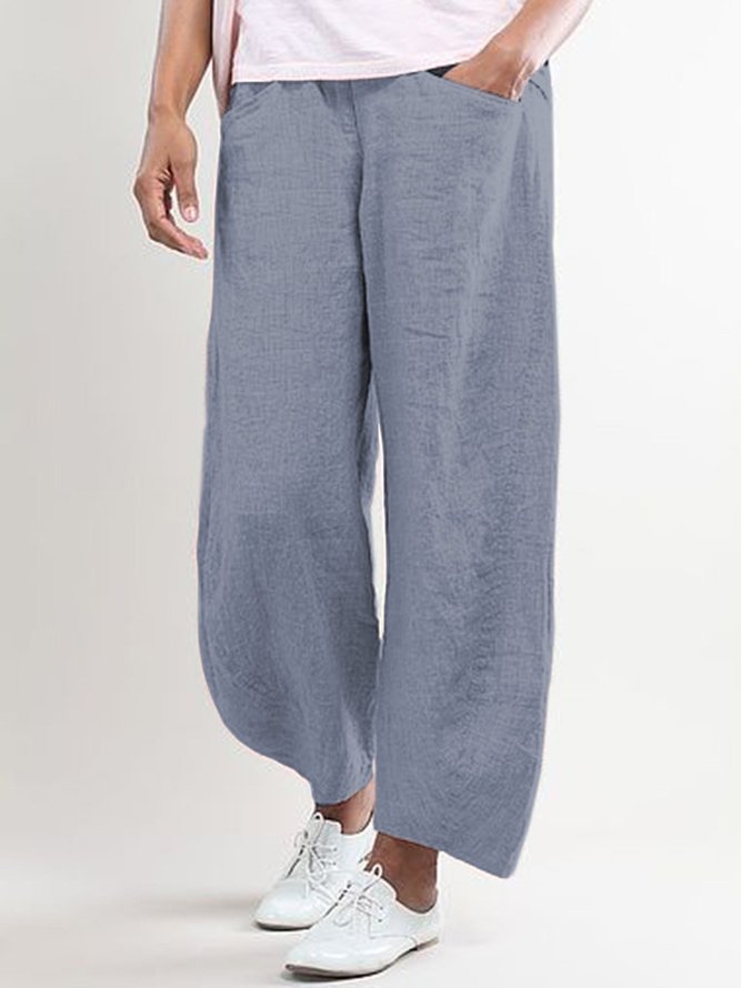 Women Elastic Waist Pockets Cotton Solid Basic Loose Pants