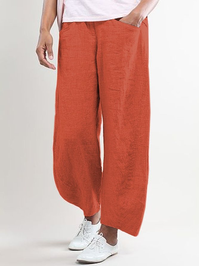 Women Elastic Waist Pockets Cotton Solid Basic Loose Pants