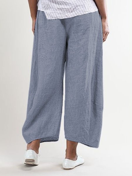 Women Elastic Waist Pockets Cotton Solid Linen Pants