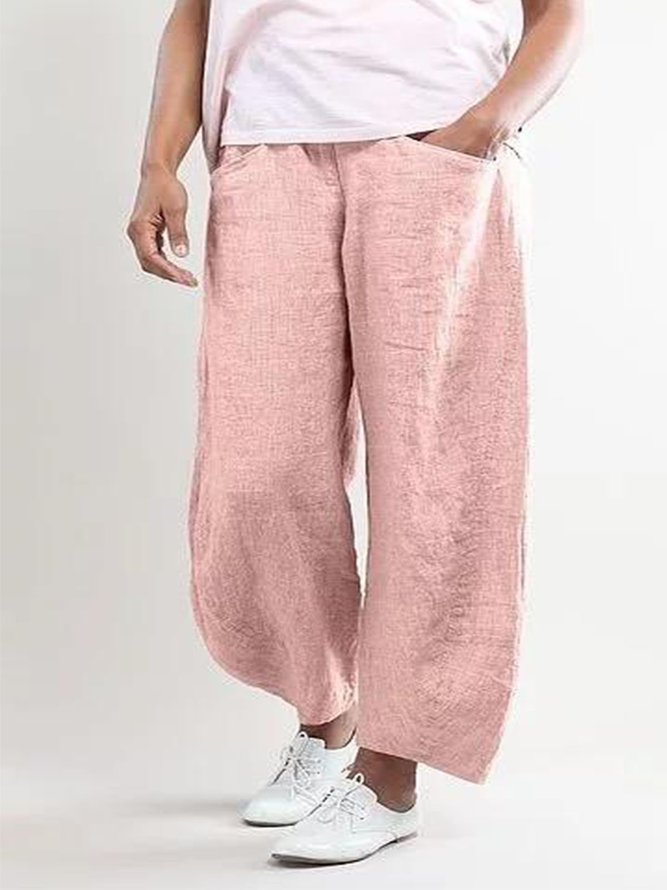 Women Elastic Waist Pockets Cotton Solid Basic Loose Pants