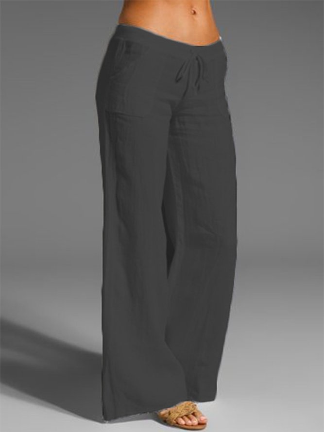 Women Solid Basic Drawstring Waist Linen Cotton Wide Leg Pants With Pockets