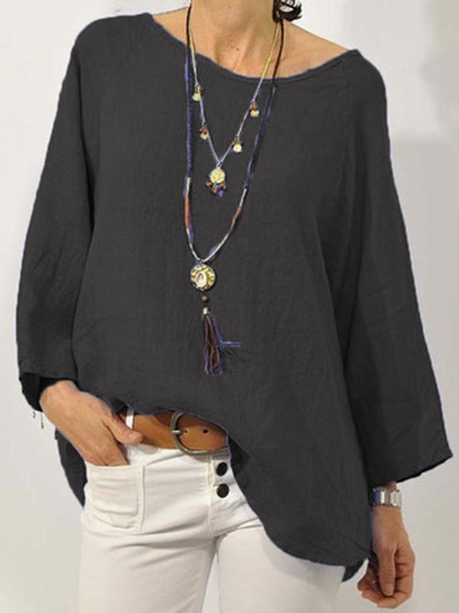Women Plain Loose Casual Crew Neck Long sleeve Cotton and Linen Tunic Top