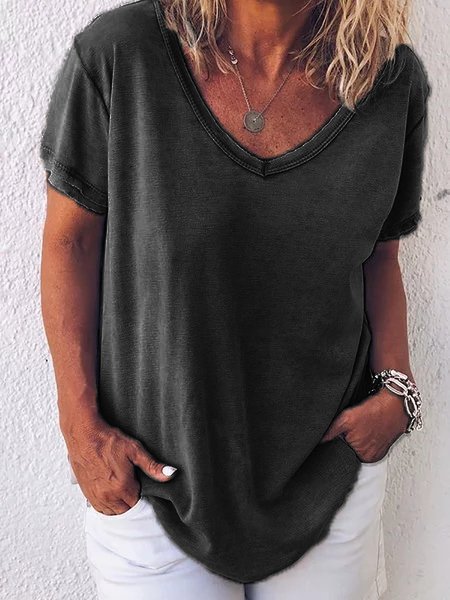 Women Casual Solid Plus Size Loosen V Neck Short Sleeve Summer T-shirt