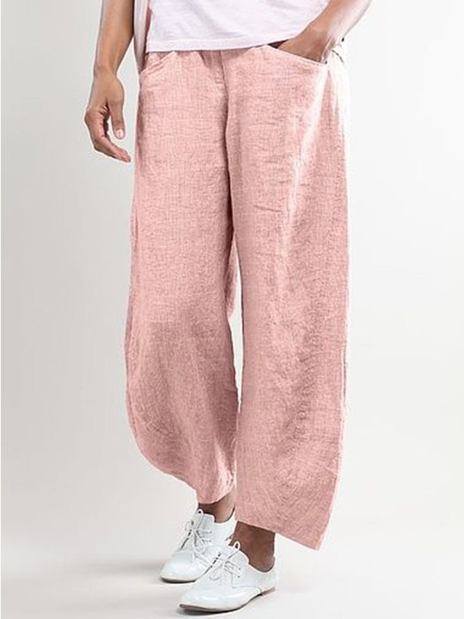 Women Elastic Waist Pockets Cotton Solid Basic Loose Pants