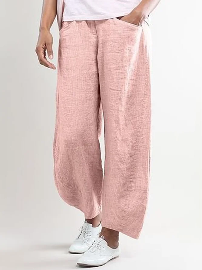 Women Elastic Waist Pockets Cotton Solid Basic Loose Pants