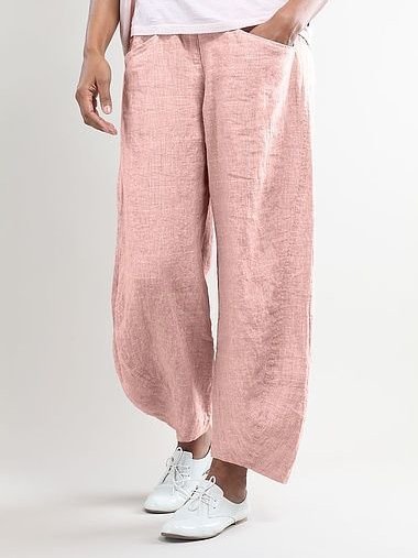 Women Elastic Waist Pockets Cotton Solid Basic Loose Pants