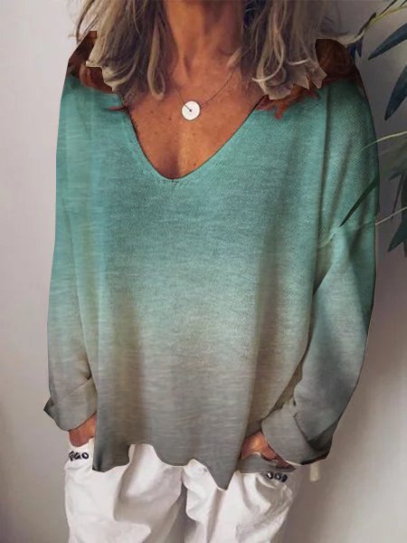 Gradient Long Sleeve V Neck Cotton Top