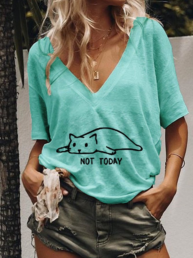 Cat Printed Women Summer Casual V neck T Shirt Top