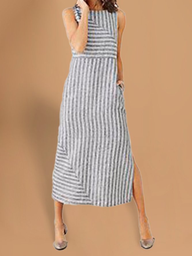 Women Casual Plus Size Stripe Crew Neck Sleeveless Split Summer Maxi Dress