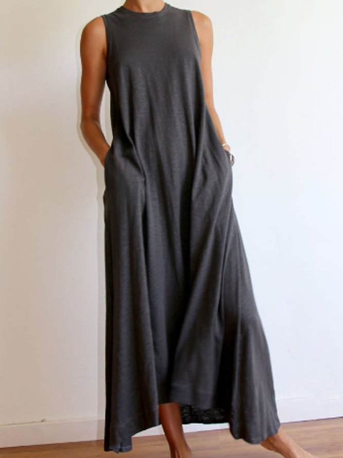 Round Neck Loose Solid Sleeveness Maxi Summer Dress with Pockets