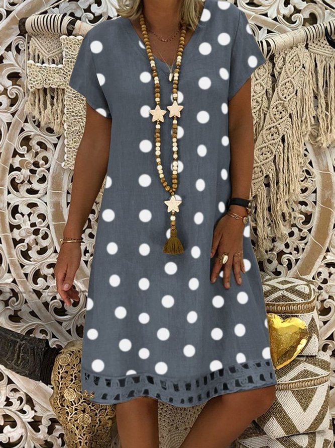 Polka Dots Hollow Out Hem V Neck Short Sleeve Vacation Mini Dress