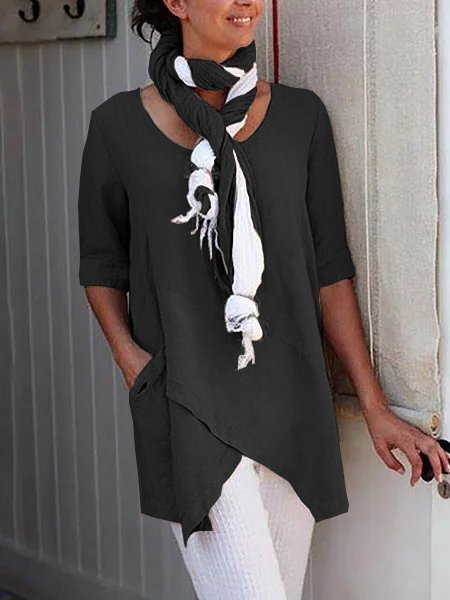 Women Solid Asymmetrical Hem Pockets Half Sleeve Casual Plus Size Cotton Linen Tunic Top
