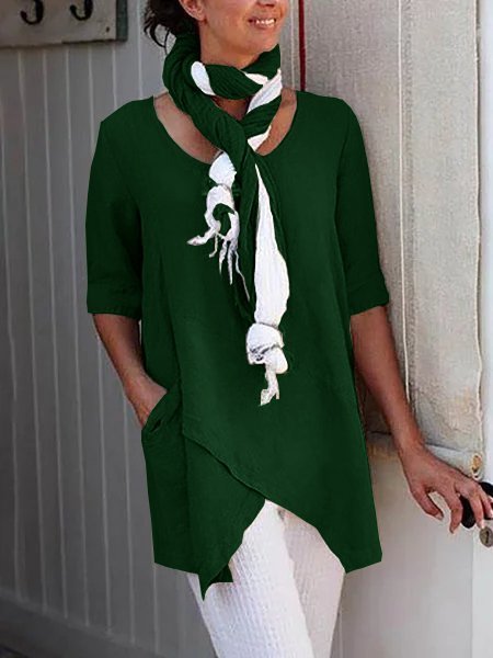 Women Solid Asymmetrical Hem Pockets Half Sleeve Casual Plus Size Cotton Linen Tunic Top