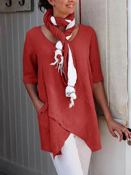 Women Solid Asymmetrical Hem Pockets Half Sleeve Casual Plus Size Cotton Linen Tunic Top