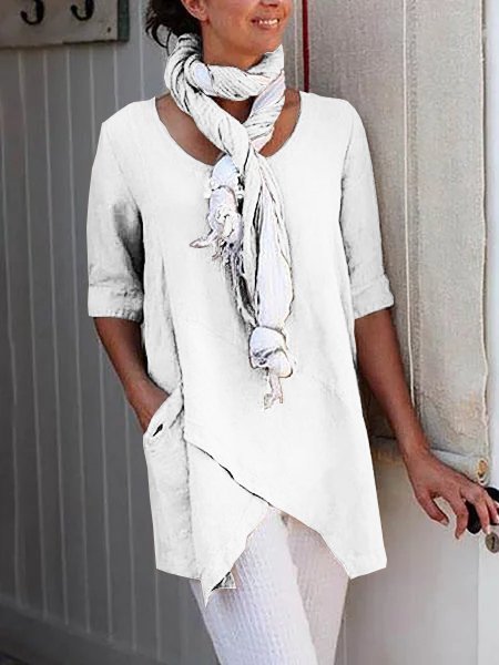 Women Solid Asymmetrical Hem Pockets Half Sleeve Casual Plus Size Cotton Linen Tunic Top