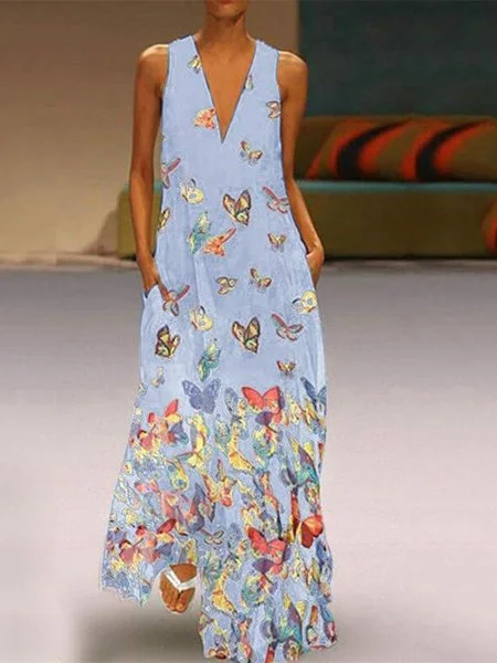 chinese butterfly printed maxi shift dress