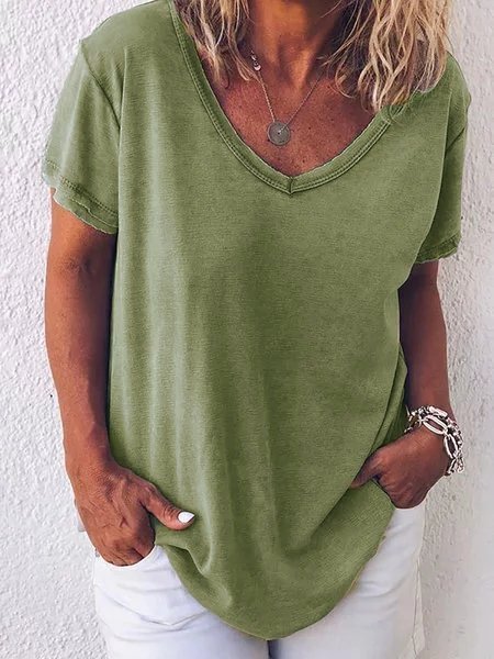 Women Casual Solid Plus Size Loosen V Neck Short Sleeve Summer T-shirt