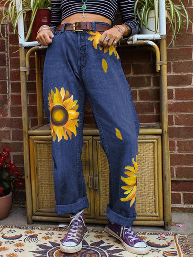Plus Size Sunflower Print Women Denim Jeans Jeans