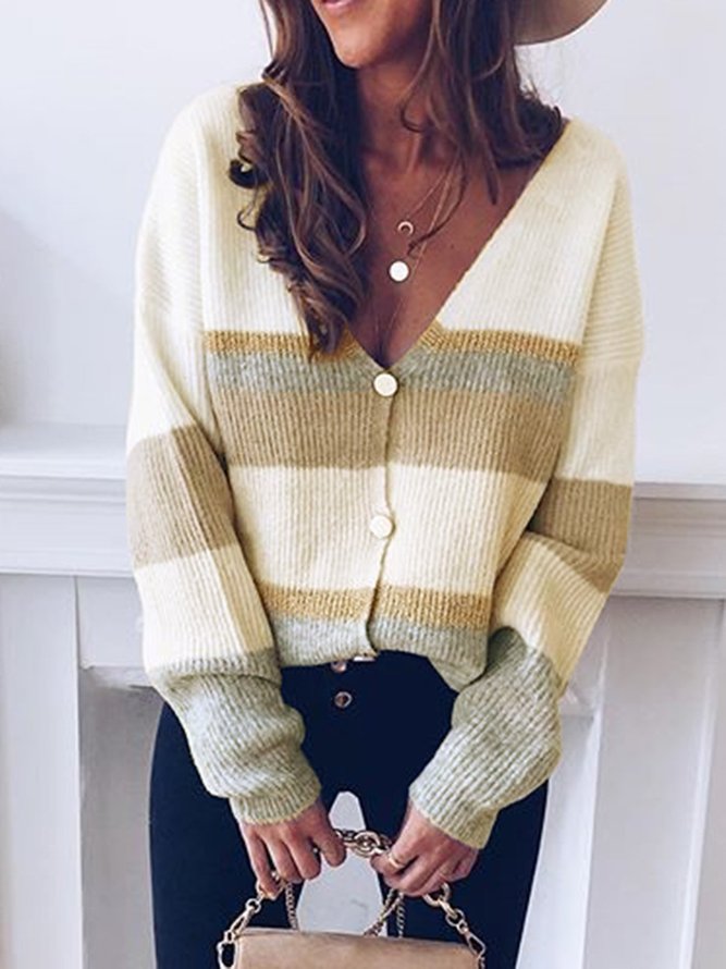 Roselinlin Long Sleeve White Yellow Pink Gray Women Top Cotton Casual V Neck Daily Color-Block Top