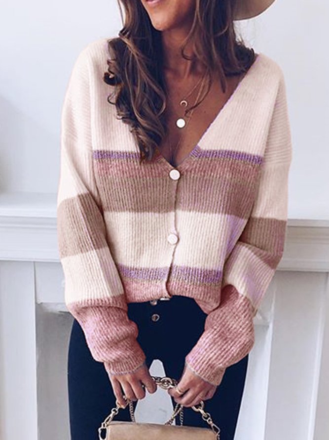 Roselinlin Long Sleeve White Yellow Pink Gray Women Top Cotton Casual V Neck Daily Color-Block Top