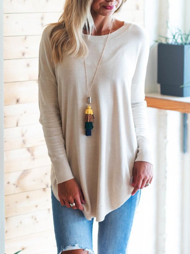 Knitted Solid Long Sleeve Blouse & Shirt
