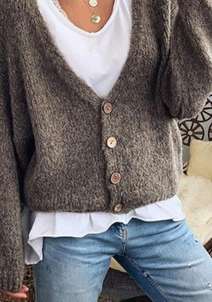 Cotton-Blend Long Sleeve Plain V Neck Vintage, Sweater Cardigans
