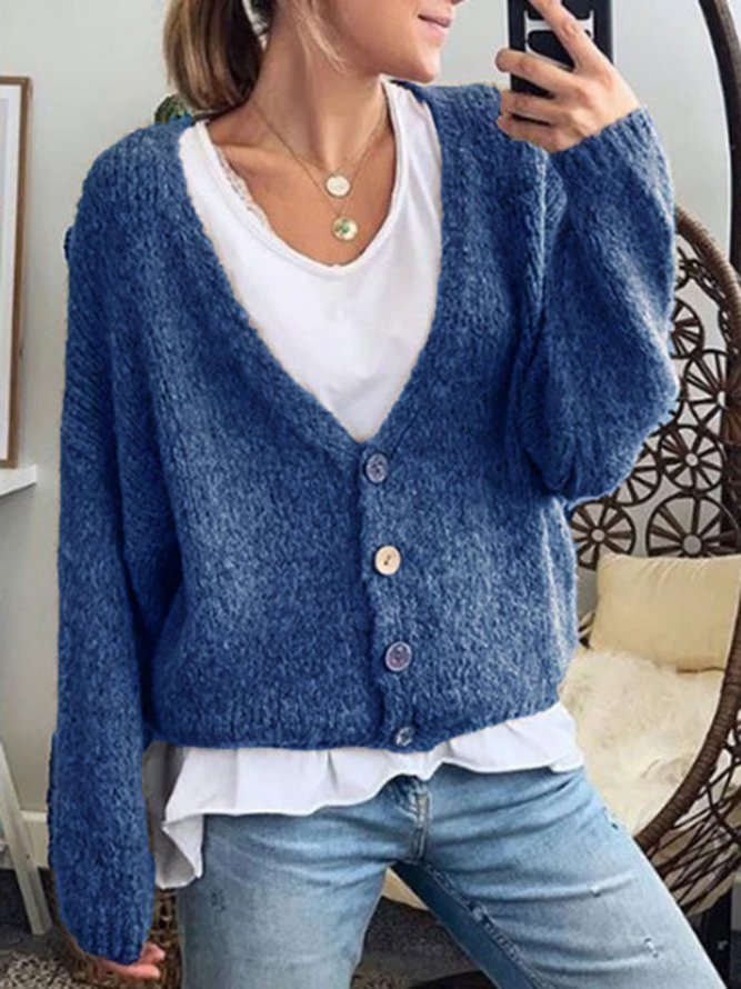 Cotton-Blend Long Sleeve Plain V Neck Vintage, Sweater Cardigans
