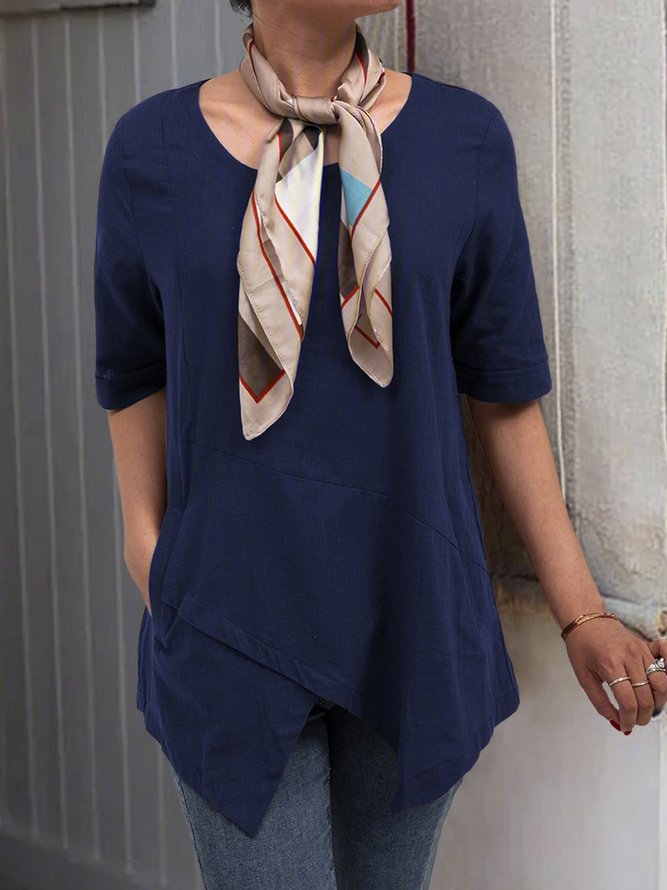 Women Solid Asymmetrical Hem Pockets Half Sleeve Casual Plus Size Cotton Linen Tunic Top