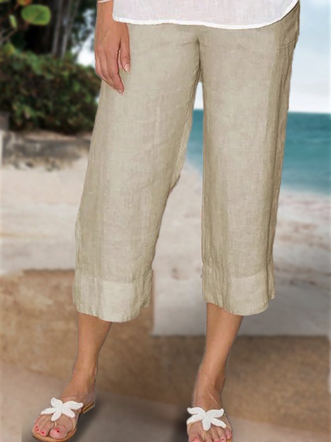 Summer Casual Elastic Waist Solid Loose Capris Linen Pants