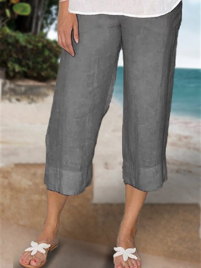 Summer Casual Elastic Waist Solid Loose Capris Linen Pants