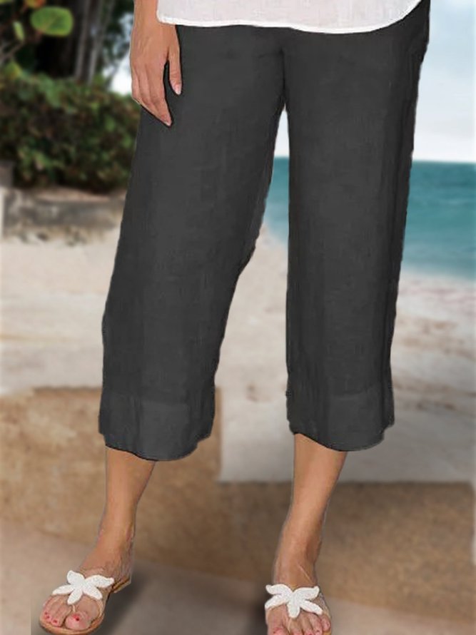 Summer Casual Elastic Waist Solid Loose Capris Linen Pants
