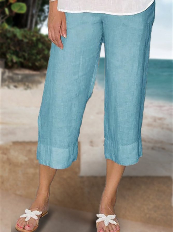 Summer Casual Elastic Waist Solid Loose Capris Linen Pants