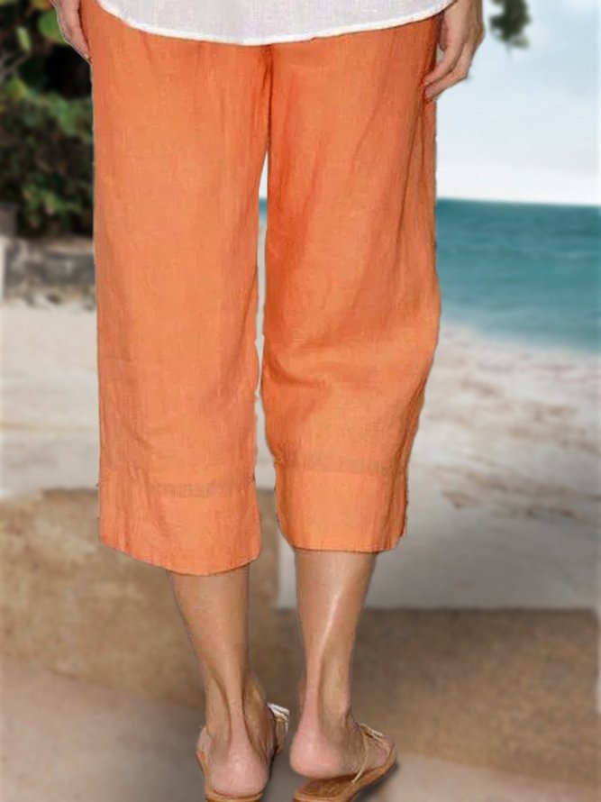 Summer Casual Elastic Waist Solid Loose Capris Linen Pants