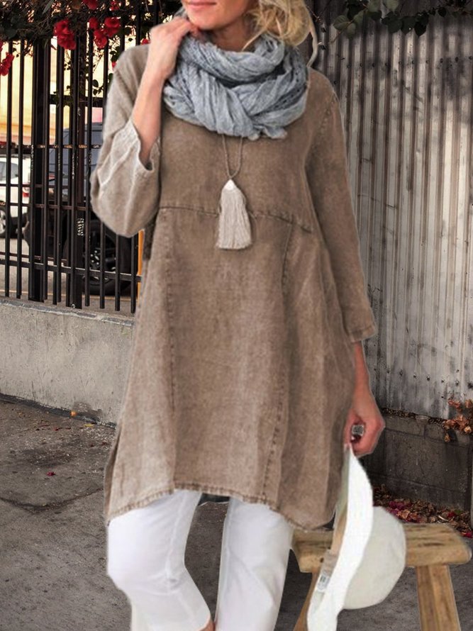 Women Pockets Plain Casual Three Quarter Sleeve Cotton and Linen Tunic Top