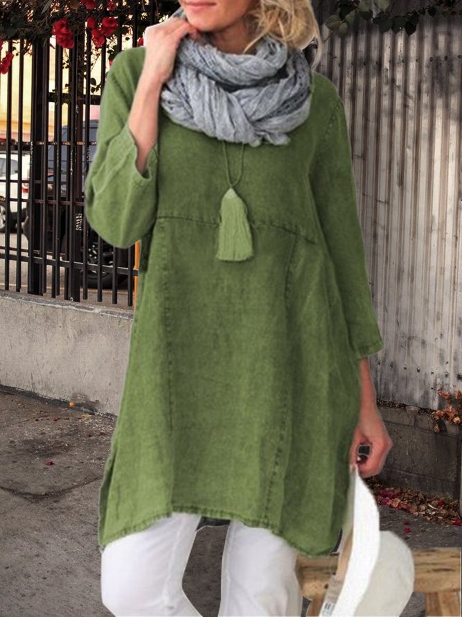 Women Pockets Plain Casual Three Quarter Sleeve Cotton and Linen Tunic Top