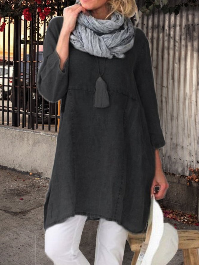 Women Pockets Plain Casual Three Quarter Sleeve Cotton and Linen Tunic Top